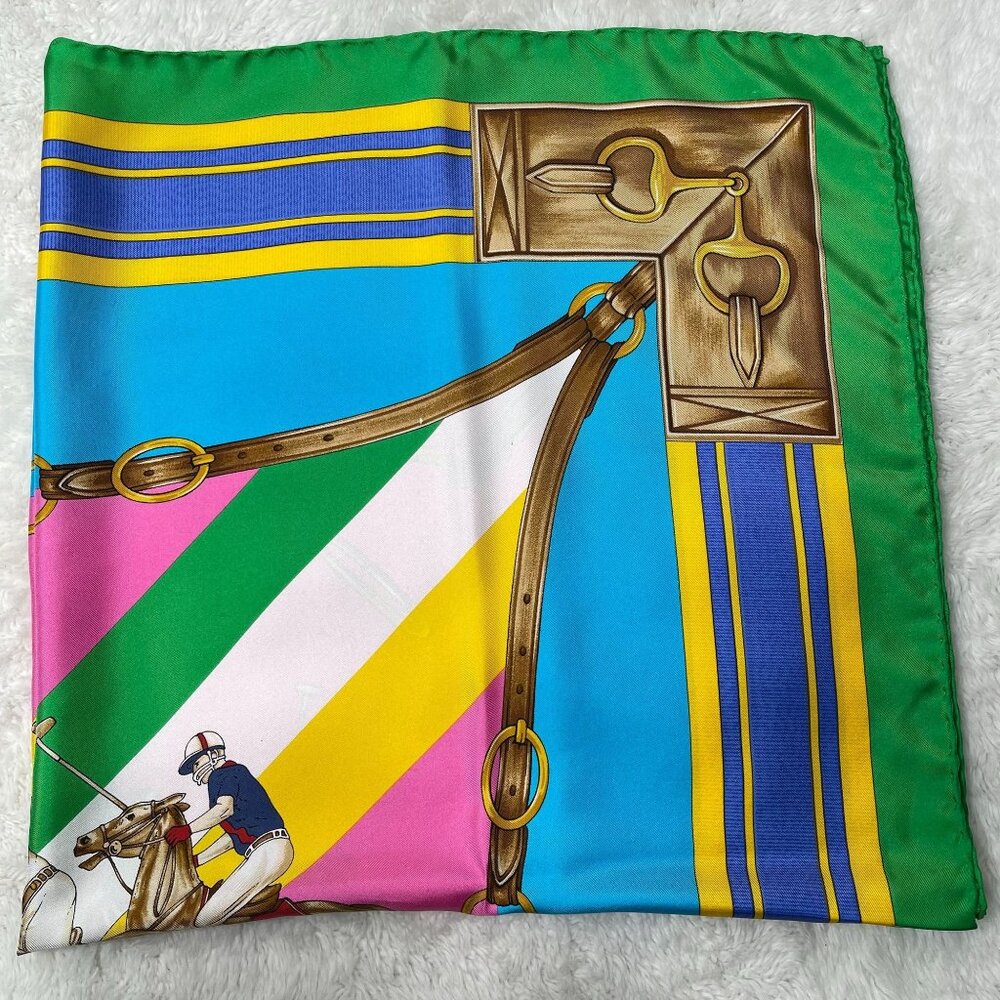 Ralph Lauren Multicolor Equestrian Silk Scarf - Green, Blue, Pink, Yellow, White